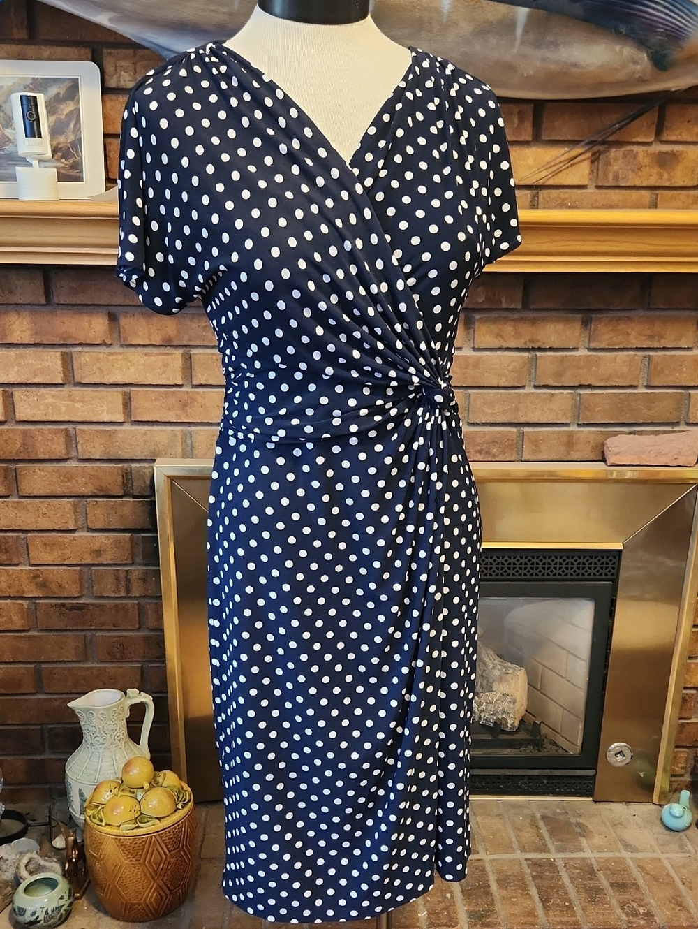 Chaps Navy Blue And White Polka Dot Twist-Waist Dress Size Medium Coquette Girl